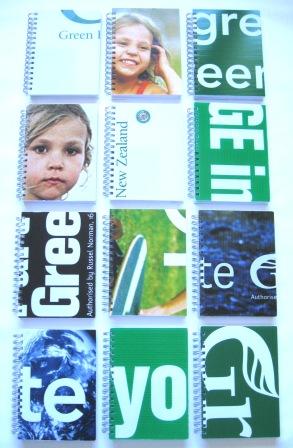 Green Party election signs recycled into A5 notebooks.
